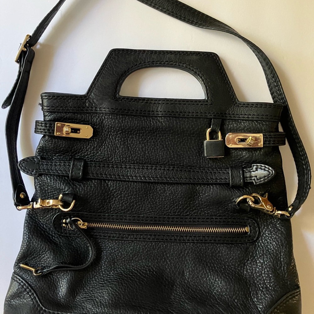 Foley + Corinna Black Leather Shoulder Bag with Gold Accents